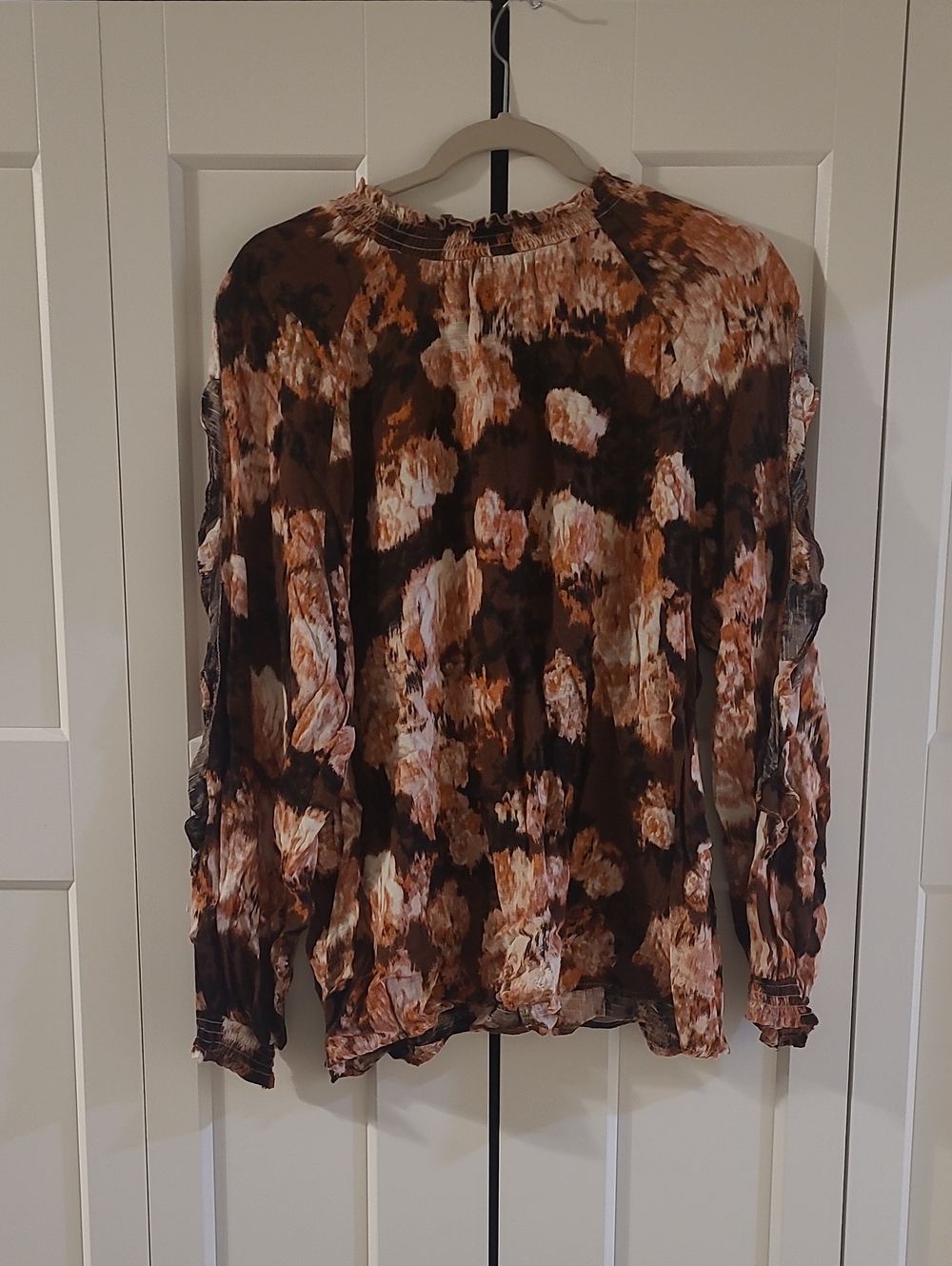 Women’s Floral Tie-Dye Long Sleeve Blouse - Brown & Cream